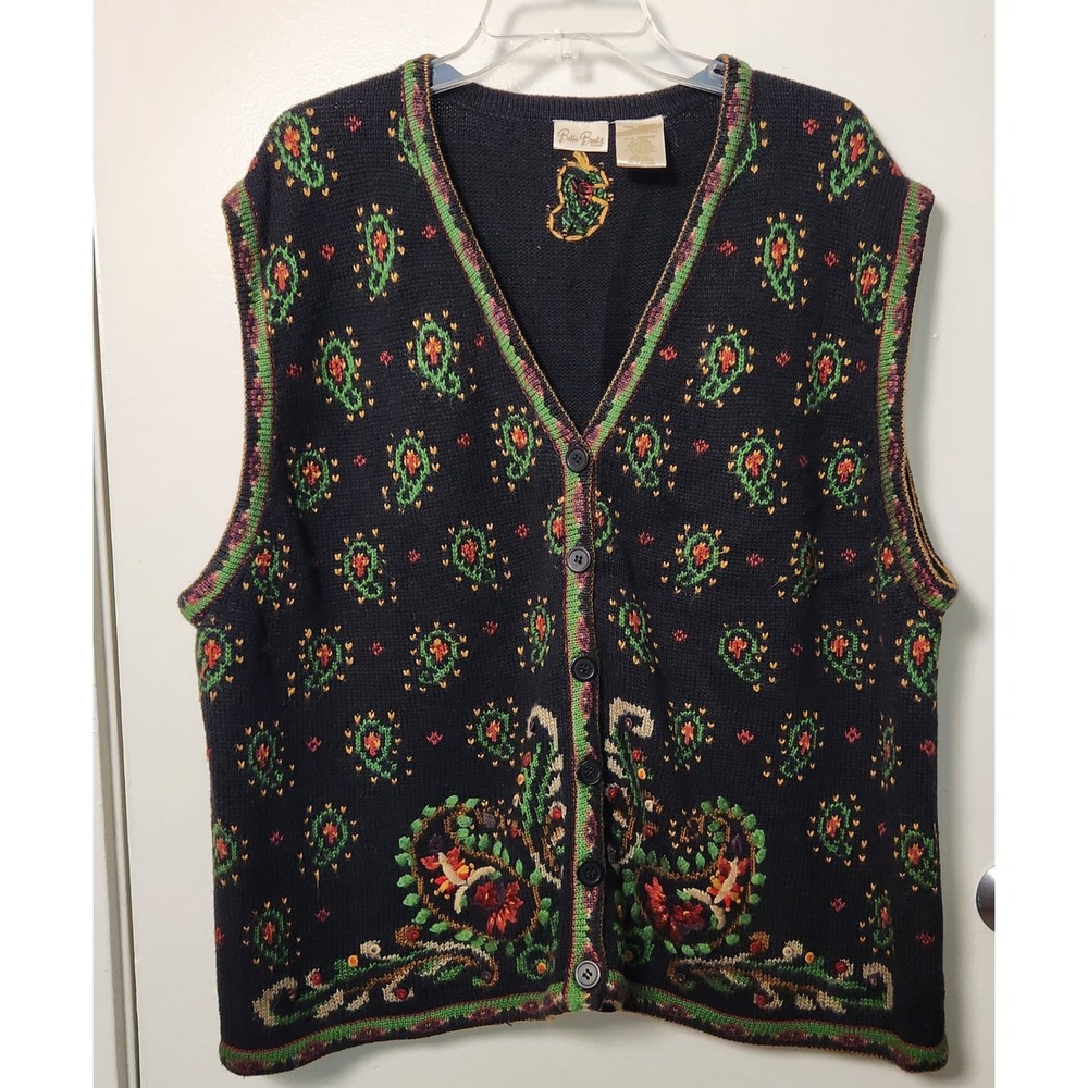 Vintage Bobbie Brooks Woman 22W 24W Embroidered Knit Button Up V-Neck Vest Black